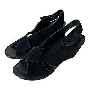 Johnston & Murphy Women’s Tori Suede Wedge Sandal Open Toe Shoe in Black‎ Size 8